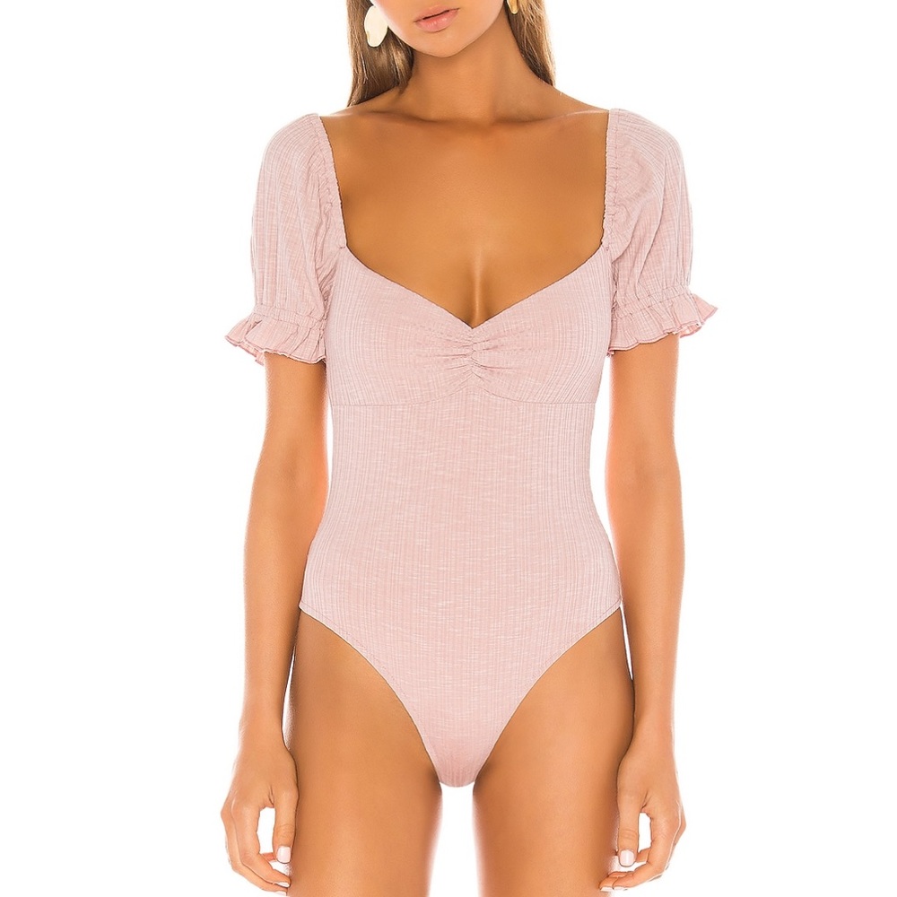 Privacy Please dusty pink Thong Bodysuit with Ruffle Sleeves